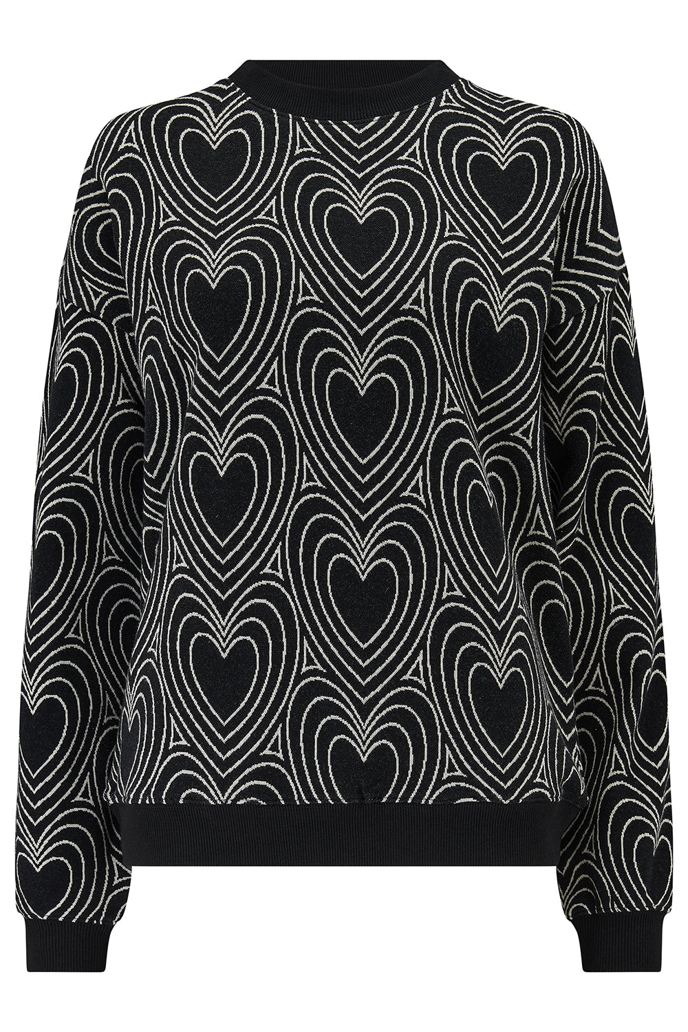 Black sweater with white heart pattern on a white background