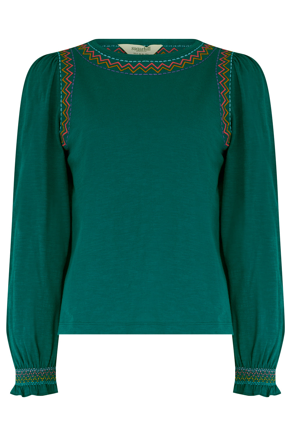 A dark green long-sleeve blouse with colorful geometric embroidered trim at the round neckline and cuffs, shown against a plain white background.