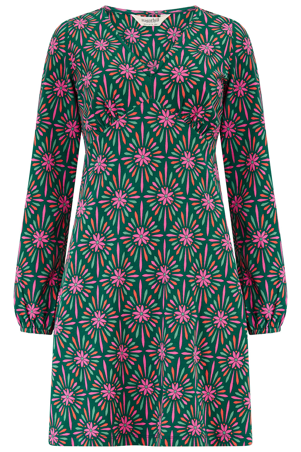 Green dress with pink floral pattern on a white background