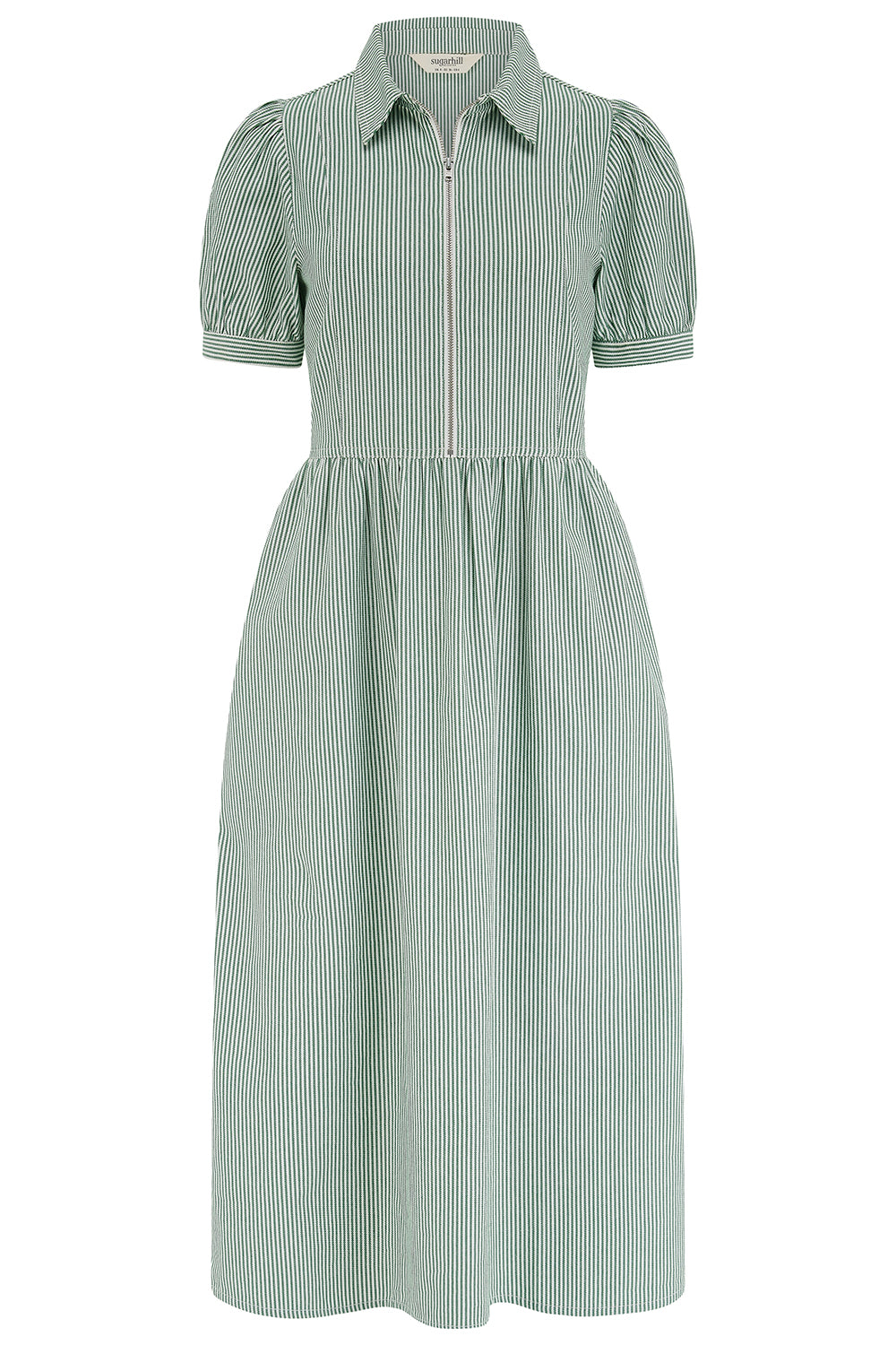 Green striped dress with puff sleeves on a white background