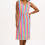 A model wearing a sleeveless, knee-length multicolored dress with a V-neck front and a drawstring waist.