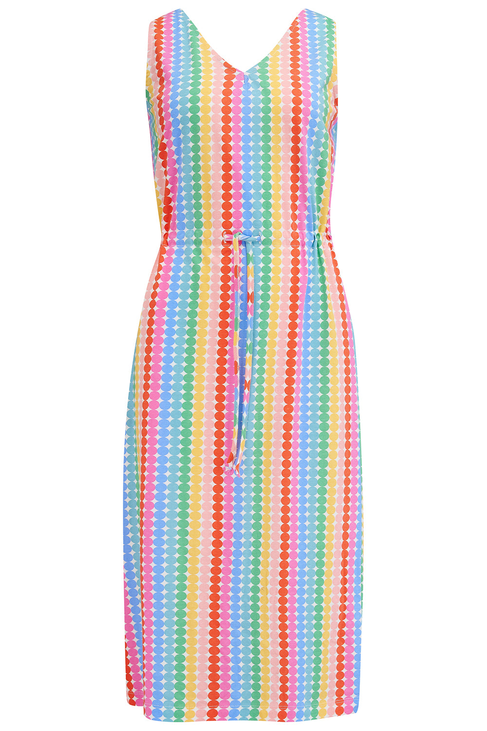 A multicolored, rainbow-striped jersey mini dress with a V-neck front and back, and a drawstring waist.