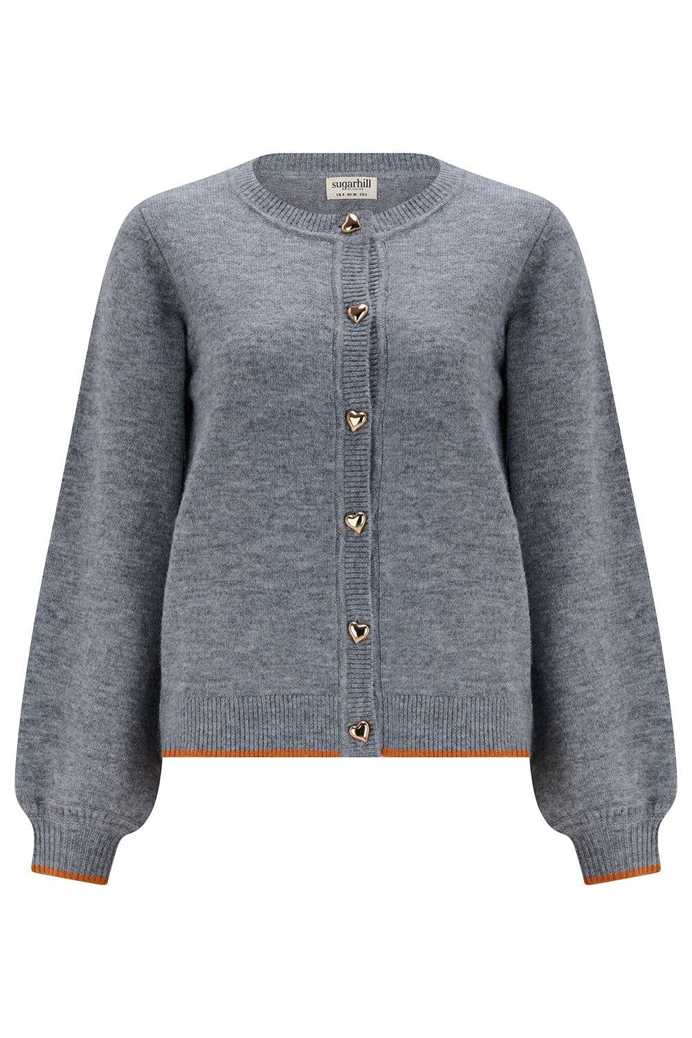 Gray cardigan with gold buttons on a white background