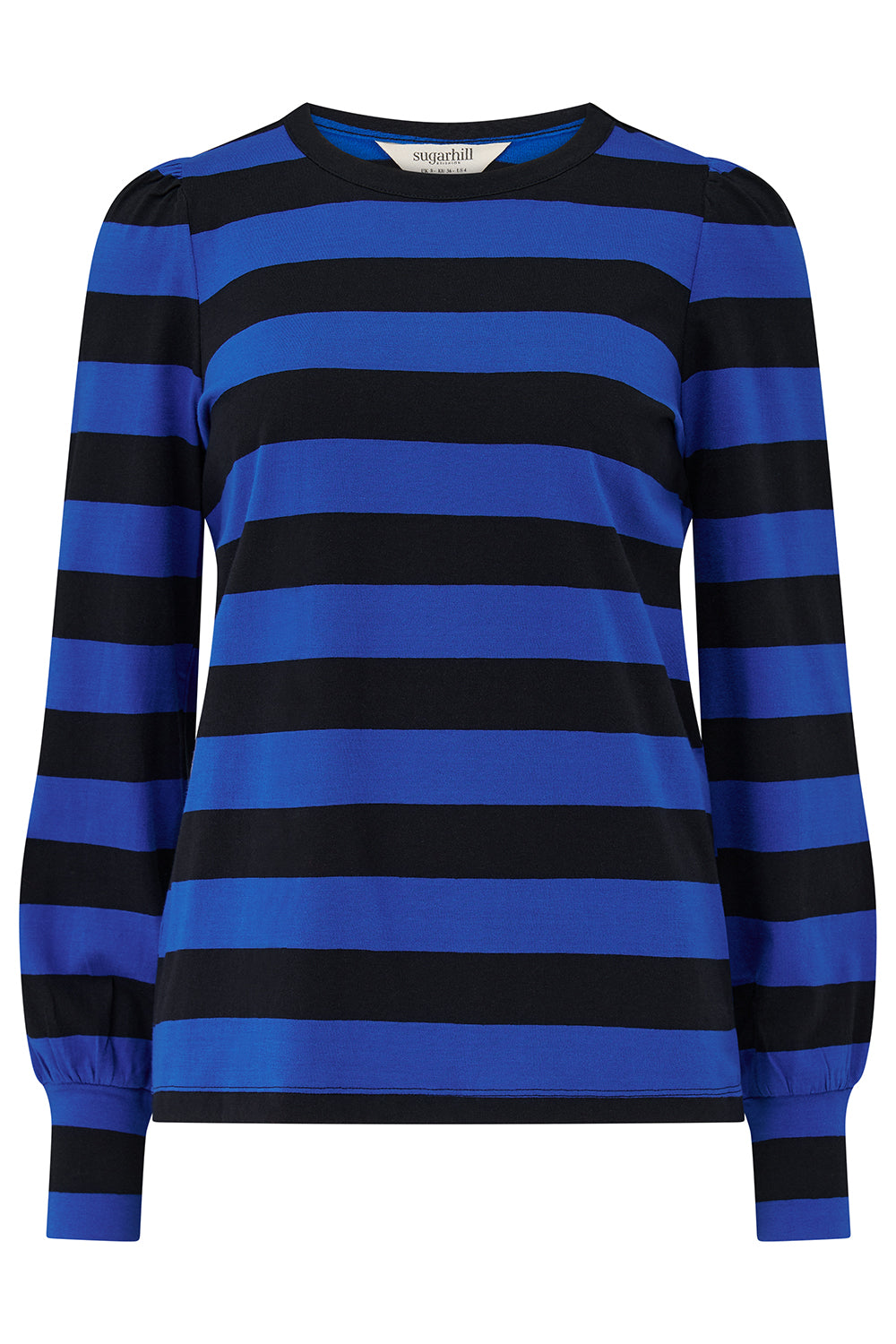Blue and black striped sweater on a white background