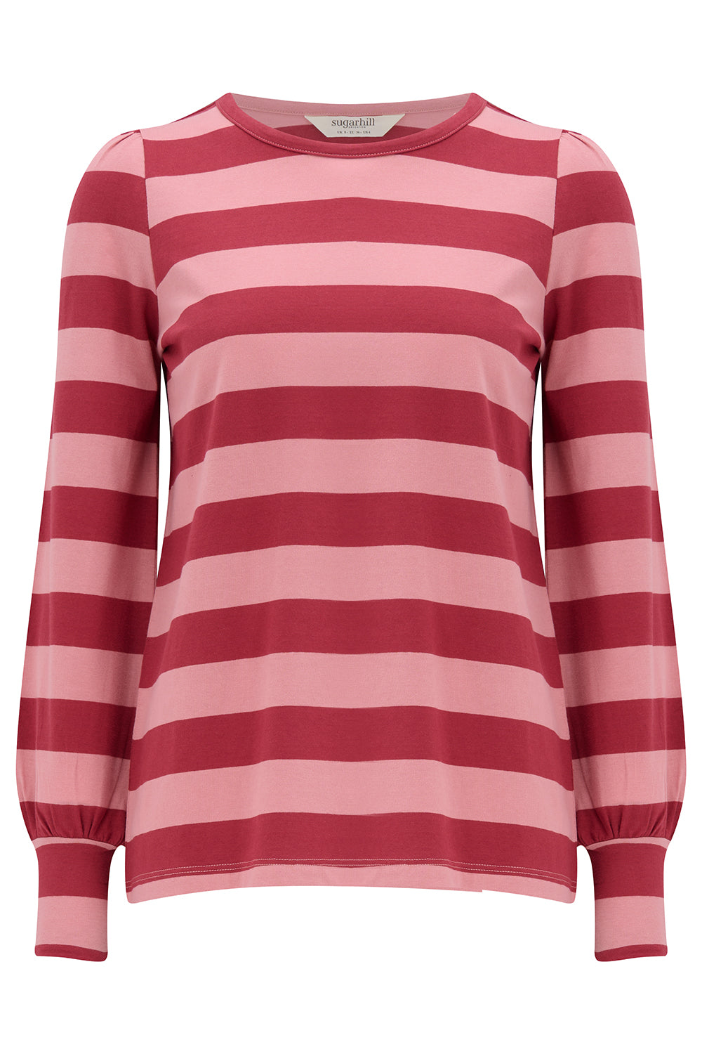Pink and red striped sweater on a white background