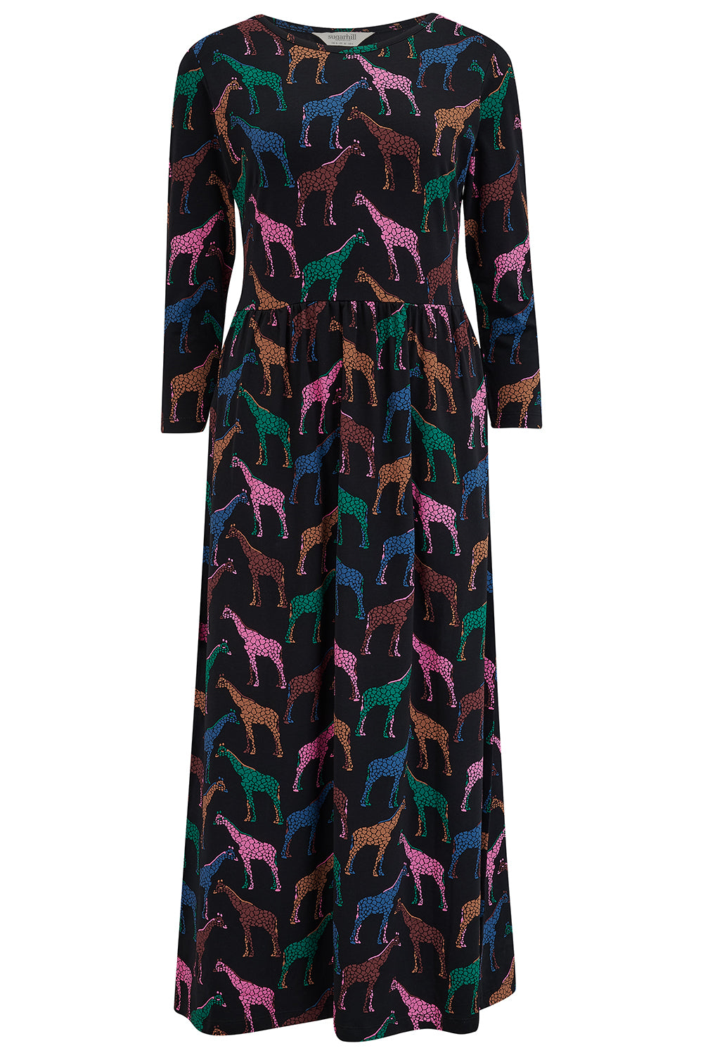 A Midi jersey dress with a gathered waist and 3/4 length sleeves. The dress has a black base with a colorful giraffe print.