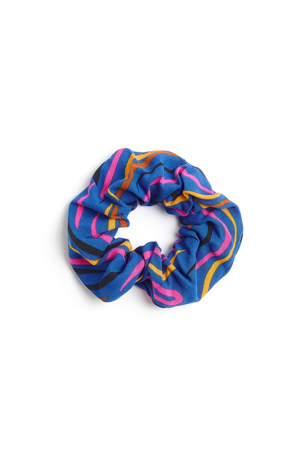 Blue scrunchie with colorful patterns on a white background