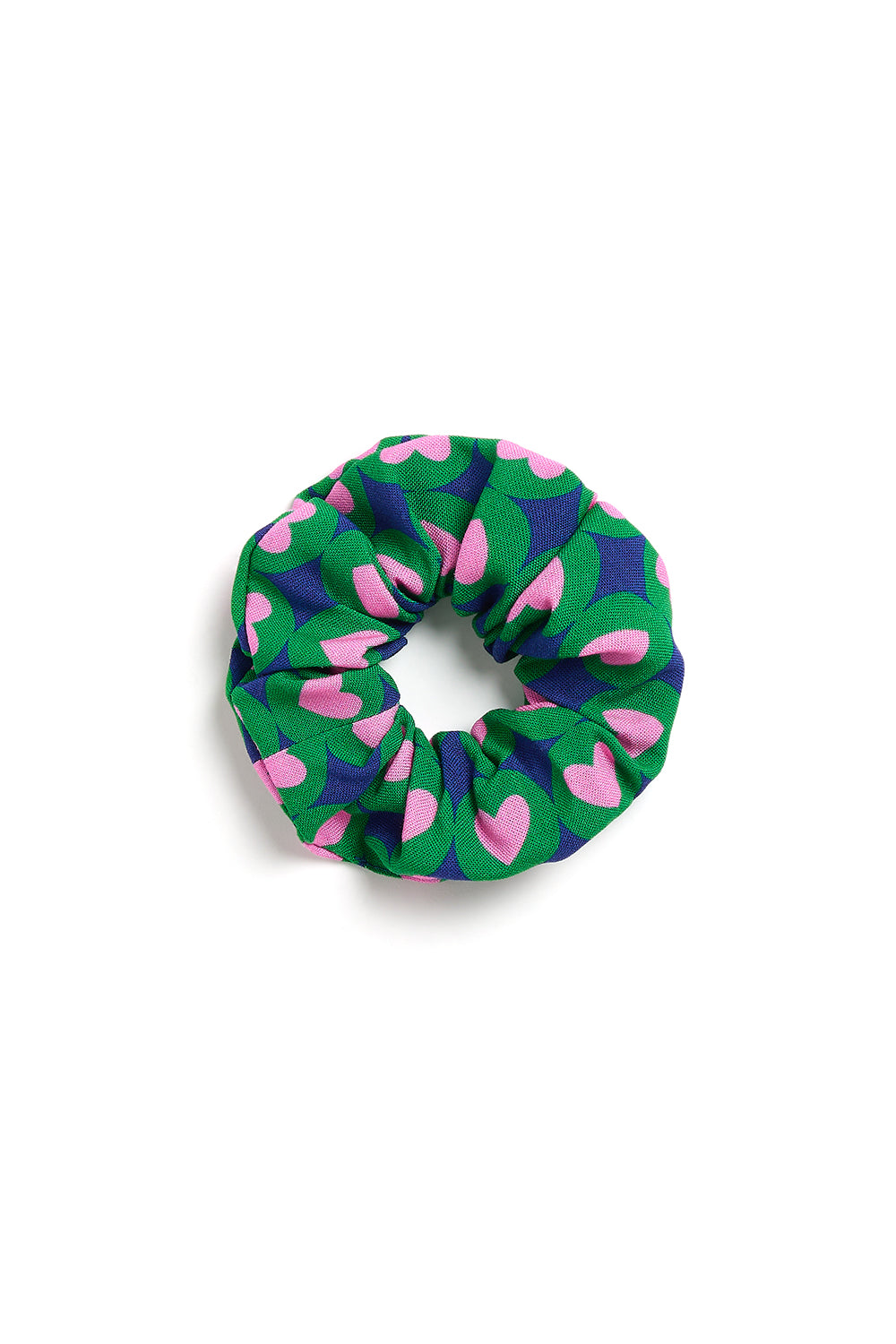 Green scrunchie with pink and blue pattern on a white background
