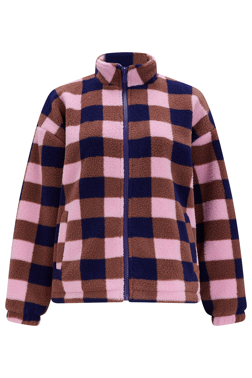 Plaid jacket with pink, brown, and blue pattern on a white background