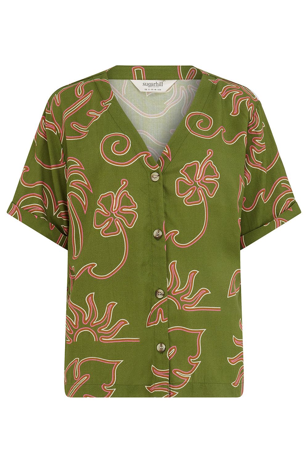 Green shirt with red floral pattern on a white background