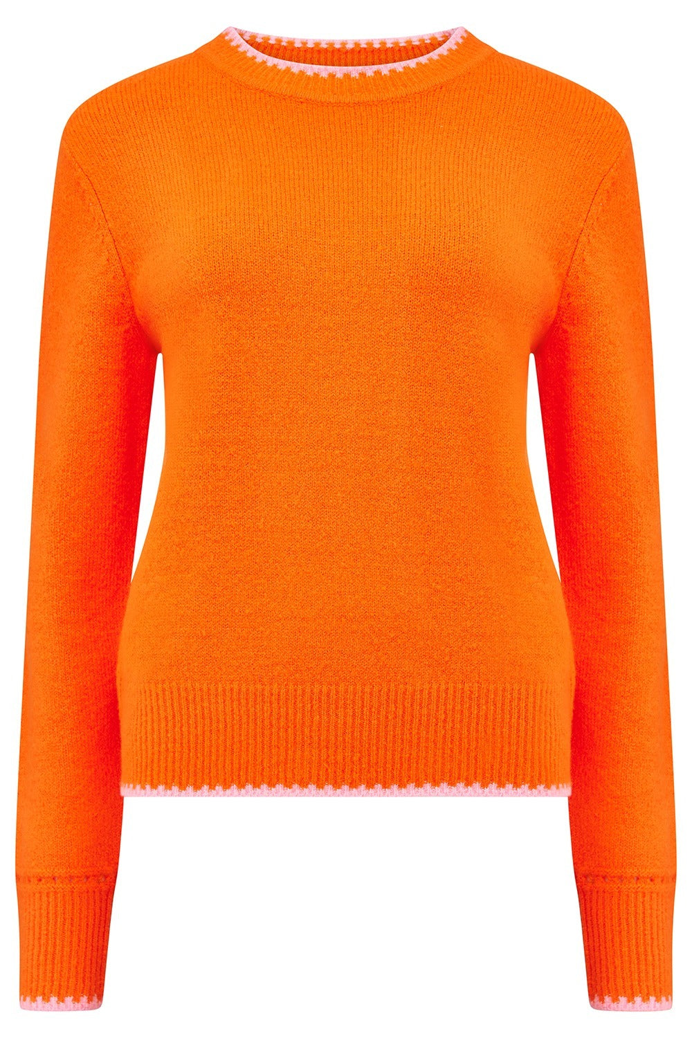 Orange sweater with white trim on a white background