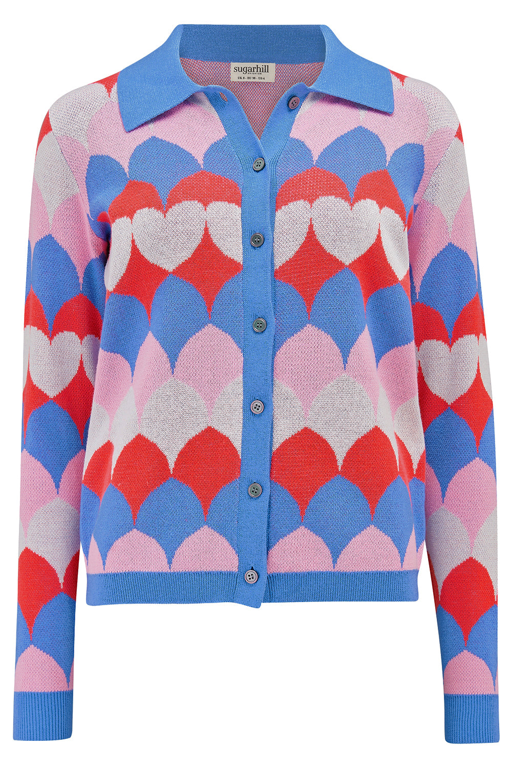 Colorful patterned cardigan with blue collar on a white background