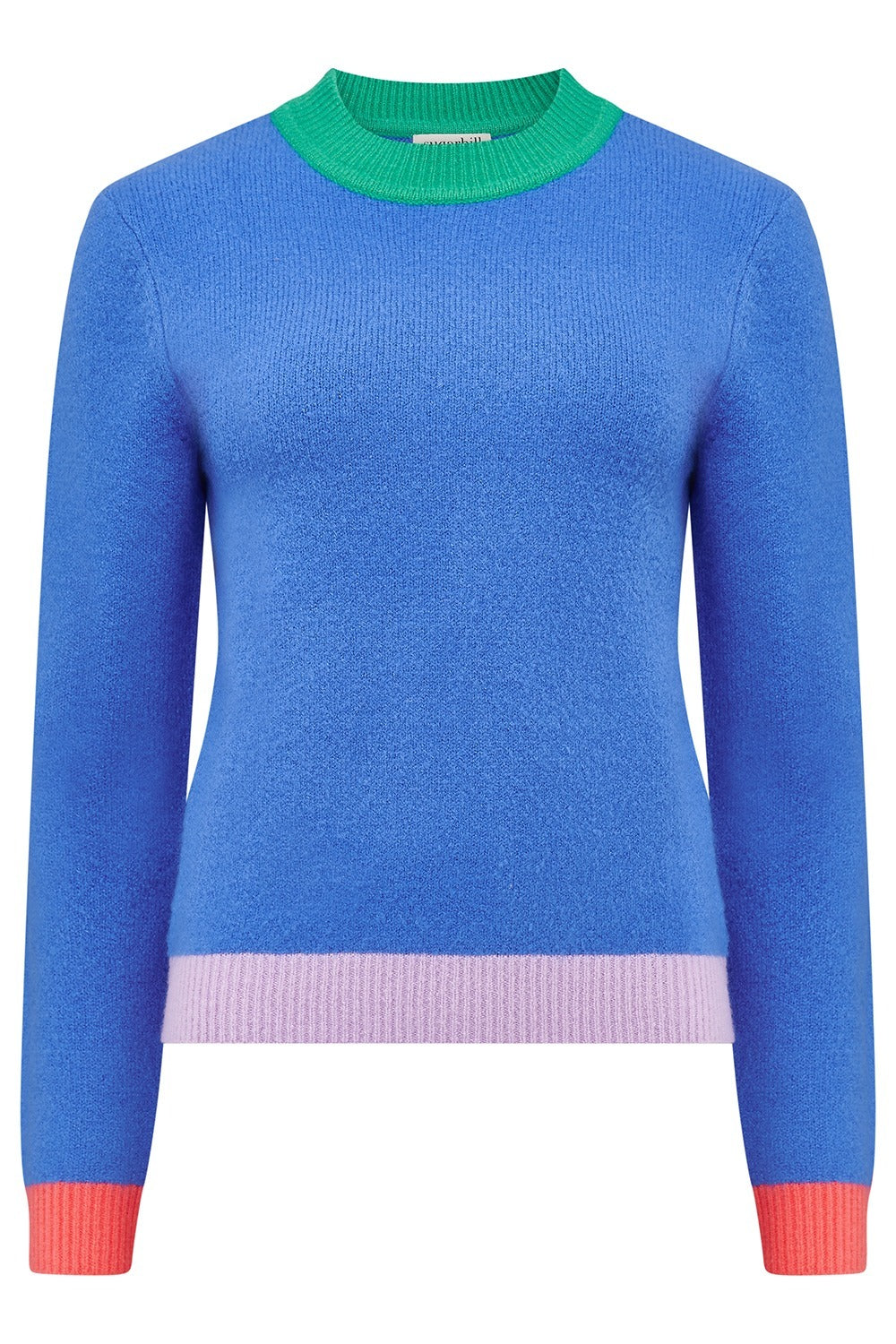 Blue sweater with colorful cuffs and hem on a white background