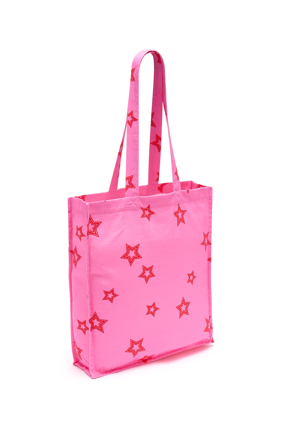 A pink tote bag with a geometric stars pattern, featuring long straps and a wide gusset.