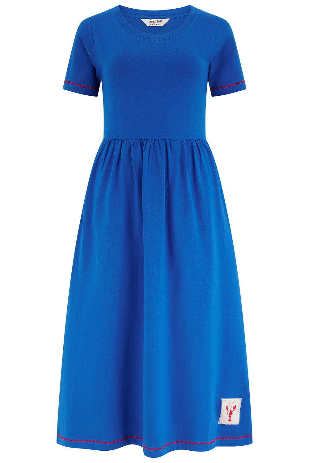 BLue dress with red stitching 