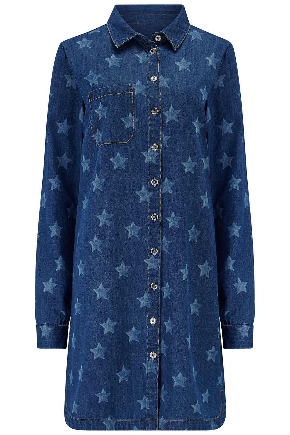 Blue denim shirt dress with star pattern on a white background