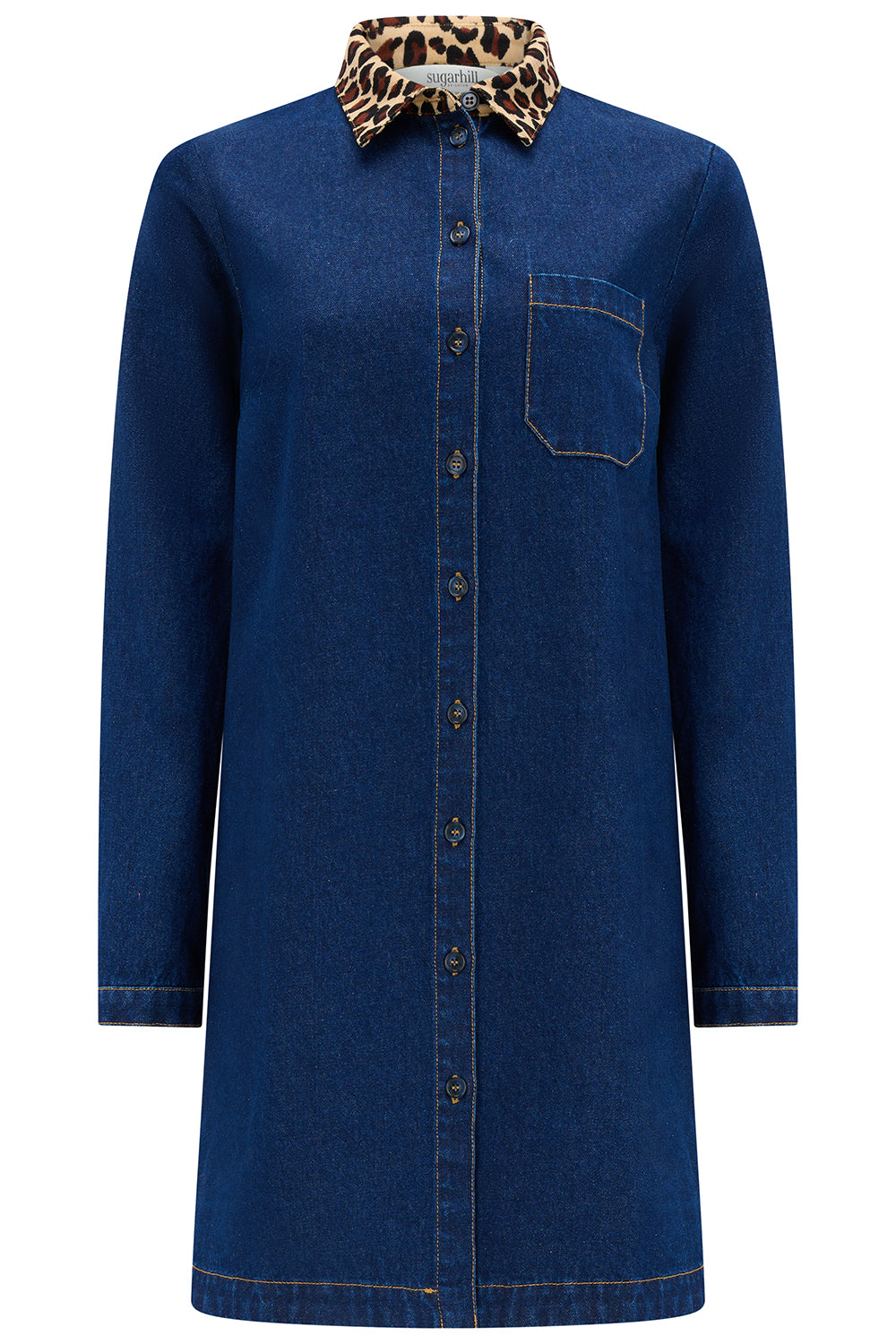 Blue denim coat with leopard print collar on a white background