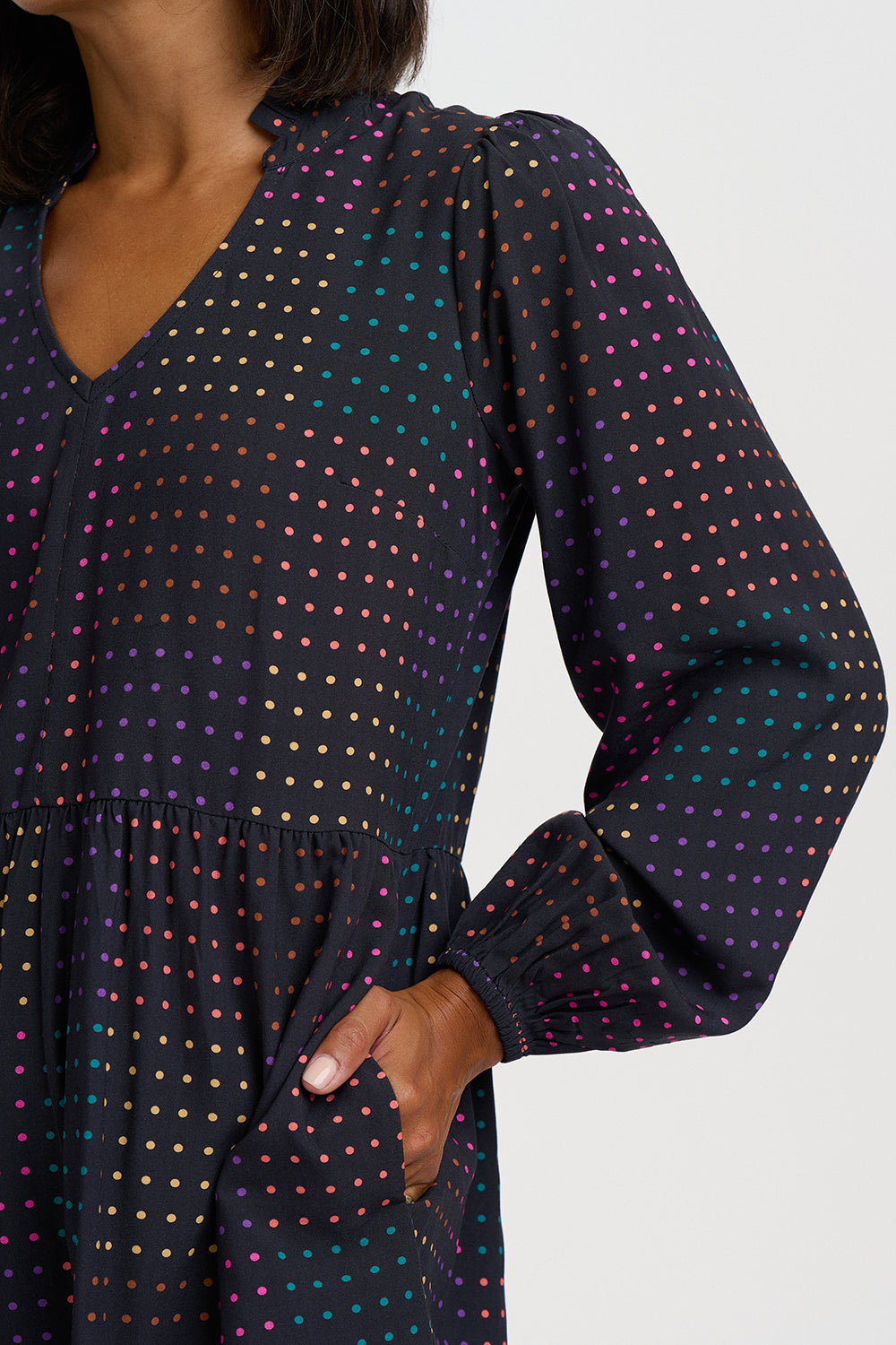 A close-up of a woman wearing a long-sleeve V-neck dress with a dark base and a dense multicolor polka dot pattern in pink, blue, yellow, and green.