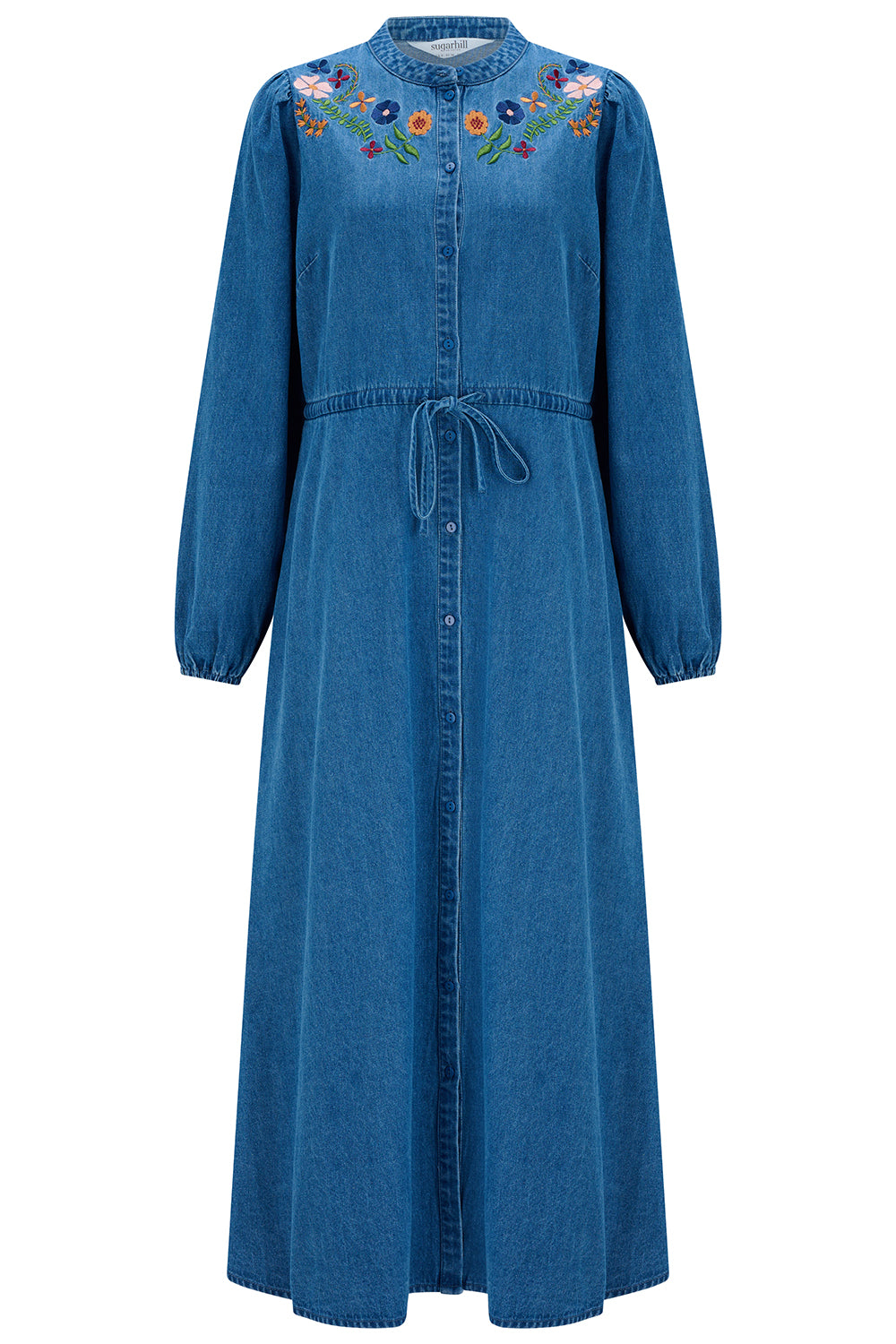 Blue denim dress with floral embroidery on a white background
