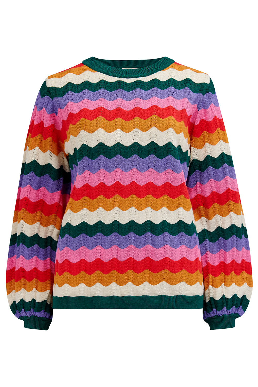 A multicolored striped jumper with a round neckline and long sleeves.
