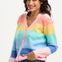 A woman wearing a multicolored striped cardigan with a deep v neckline and large buttons, in pastel colors such as pink, yellow, blue, and green.