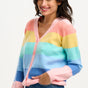A woman wearing a multicolored striped cardigan with a deep v neckline and large buttons, in pastel colors such as pink, yellow, blue, and green.