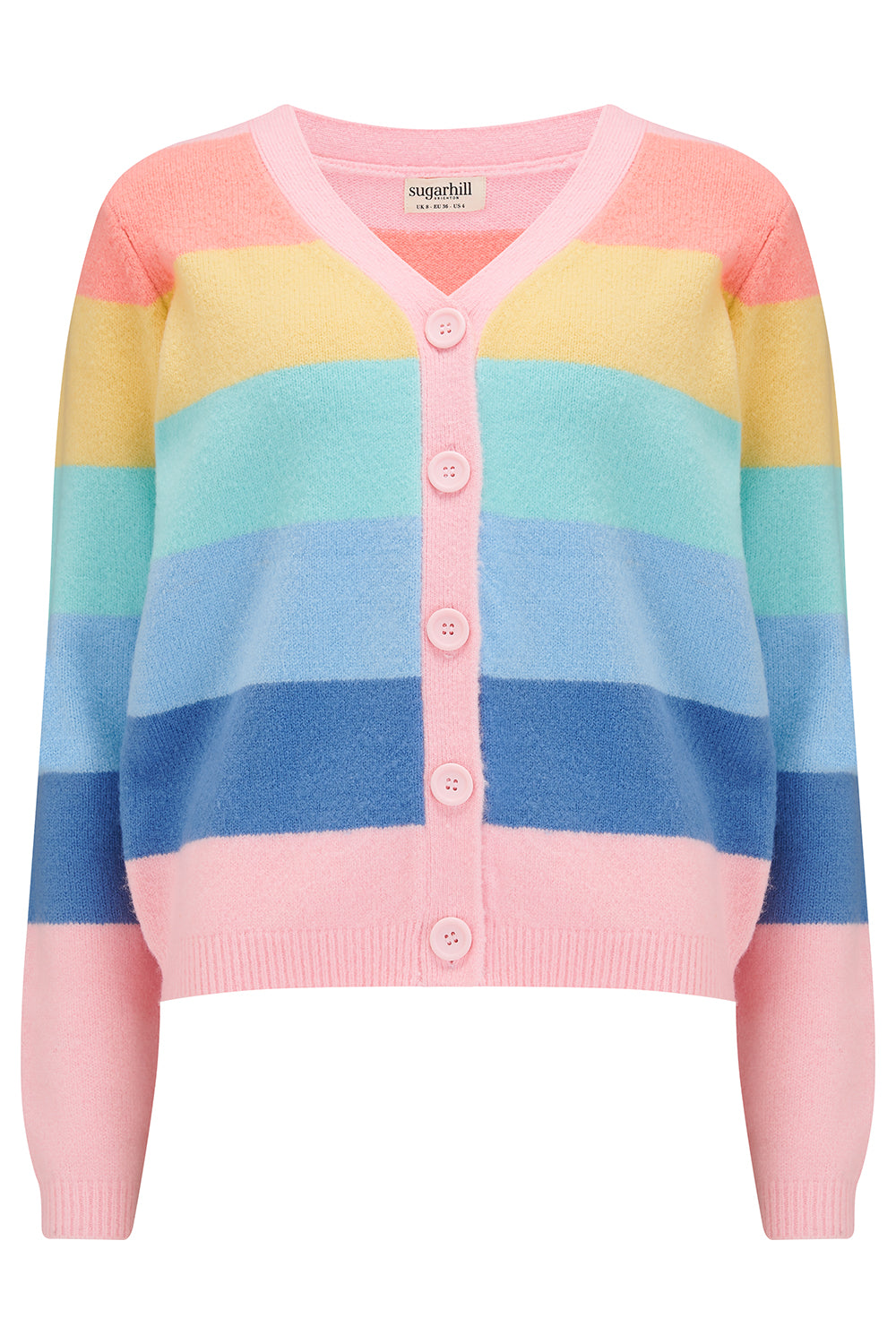 A multicolored striped cardigan with a deep v neckline and large buttons, in pastel colors such as pink, yellow, blue, and green.