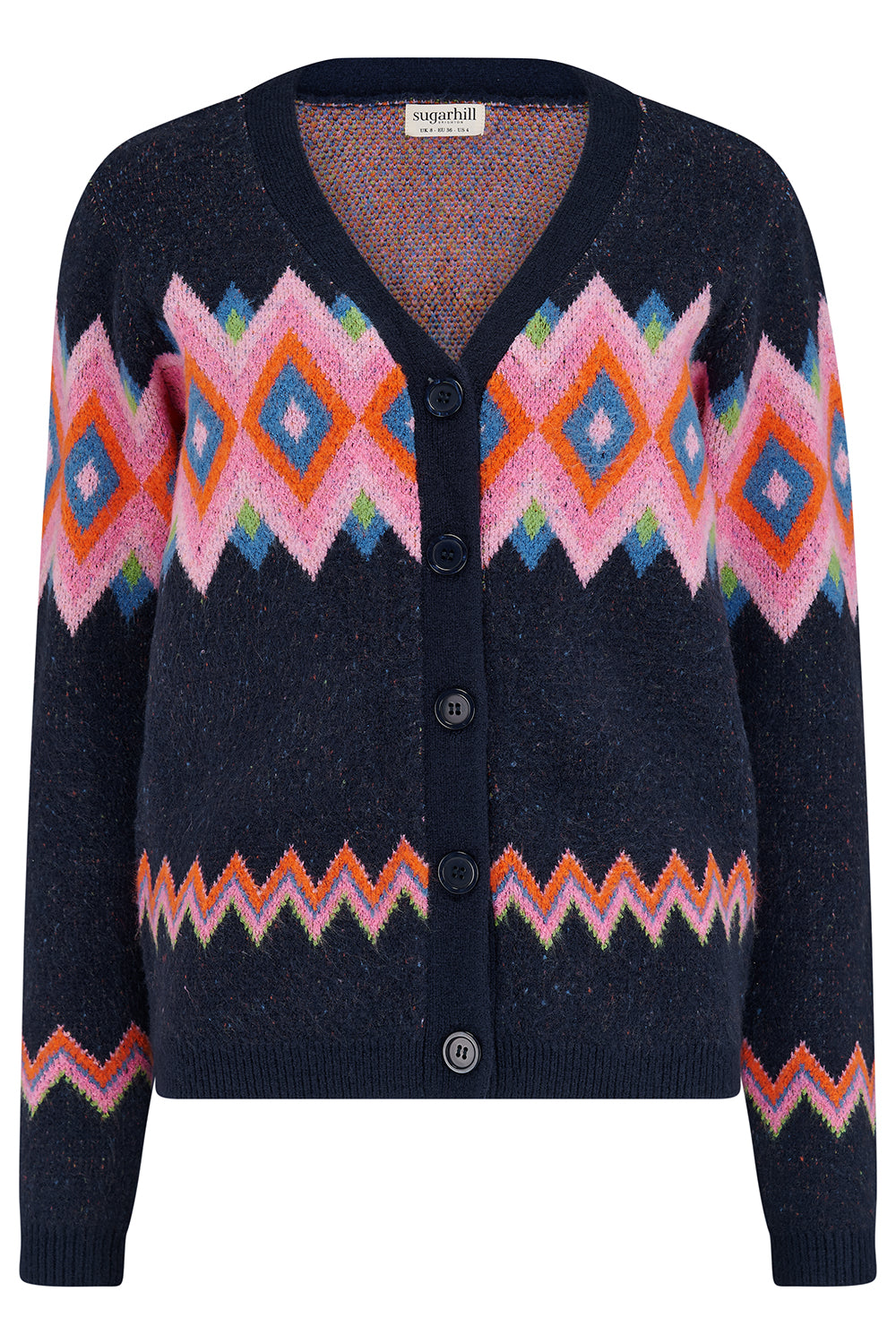 Navy cardigan with colorful geometric pattern on a white background