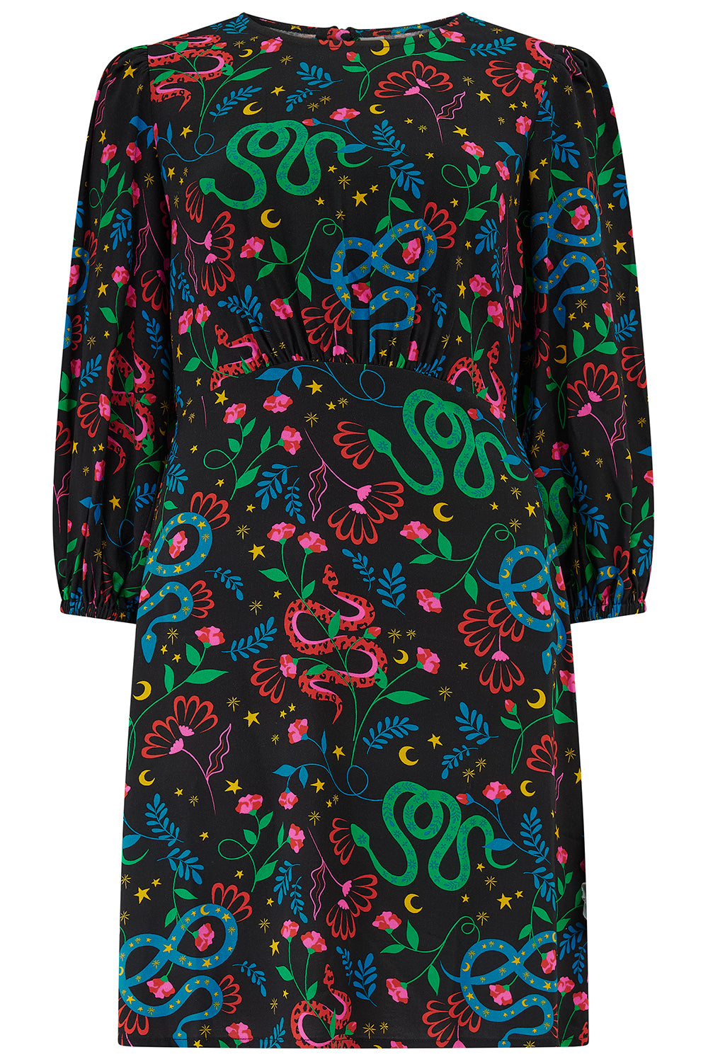 Dress with colorful snake pattern on a black background