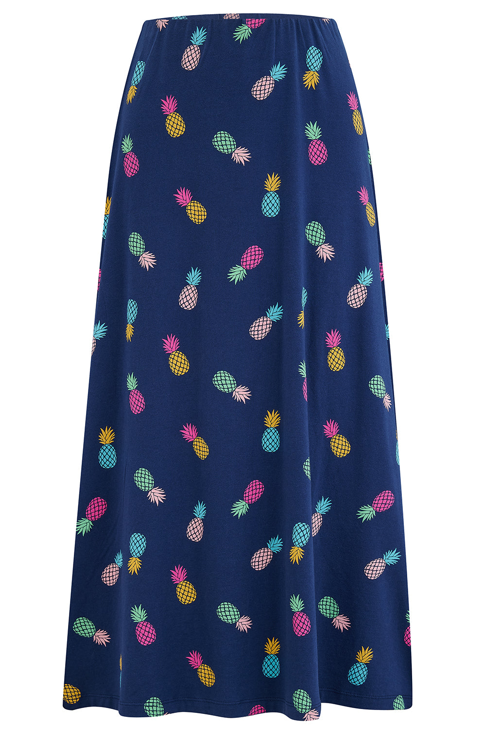 Navy blue jersey skirt with a rainbow pineapple pattern.