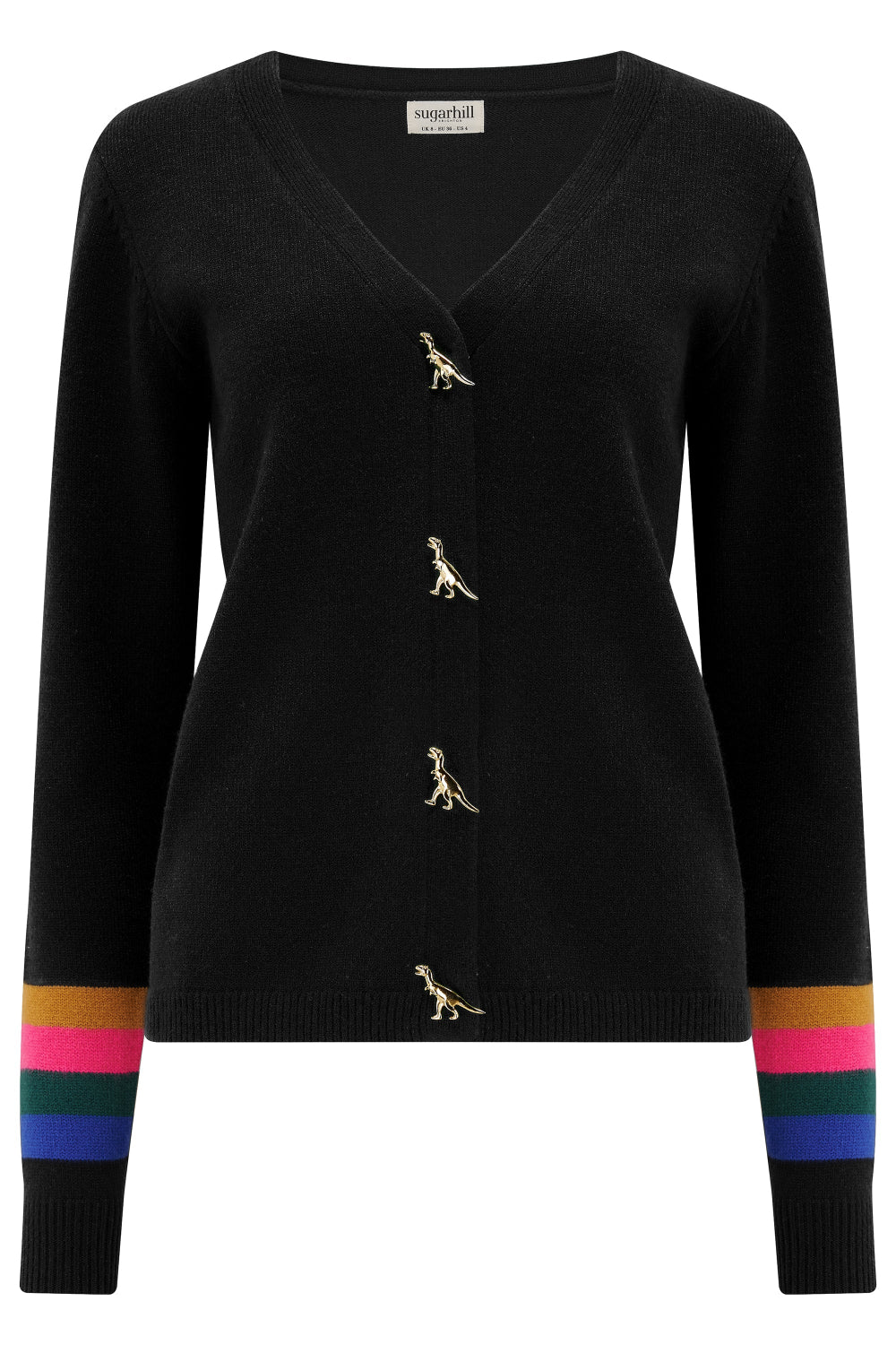 A black cardigan with dinosaur buttons and rainbow stripes on the cuffs. 