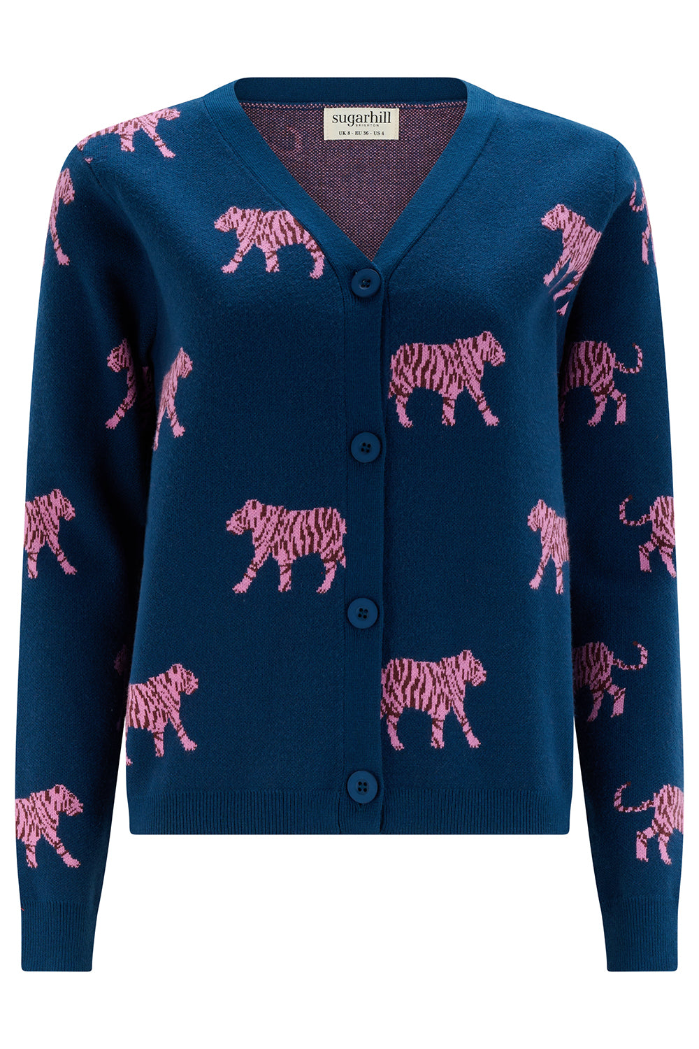 Navy cardigan with pink tiger pattern on a white background