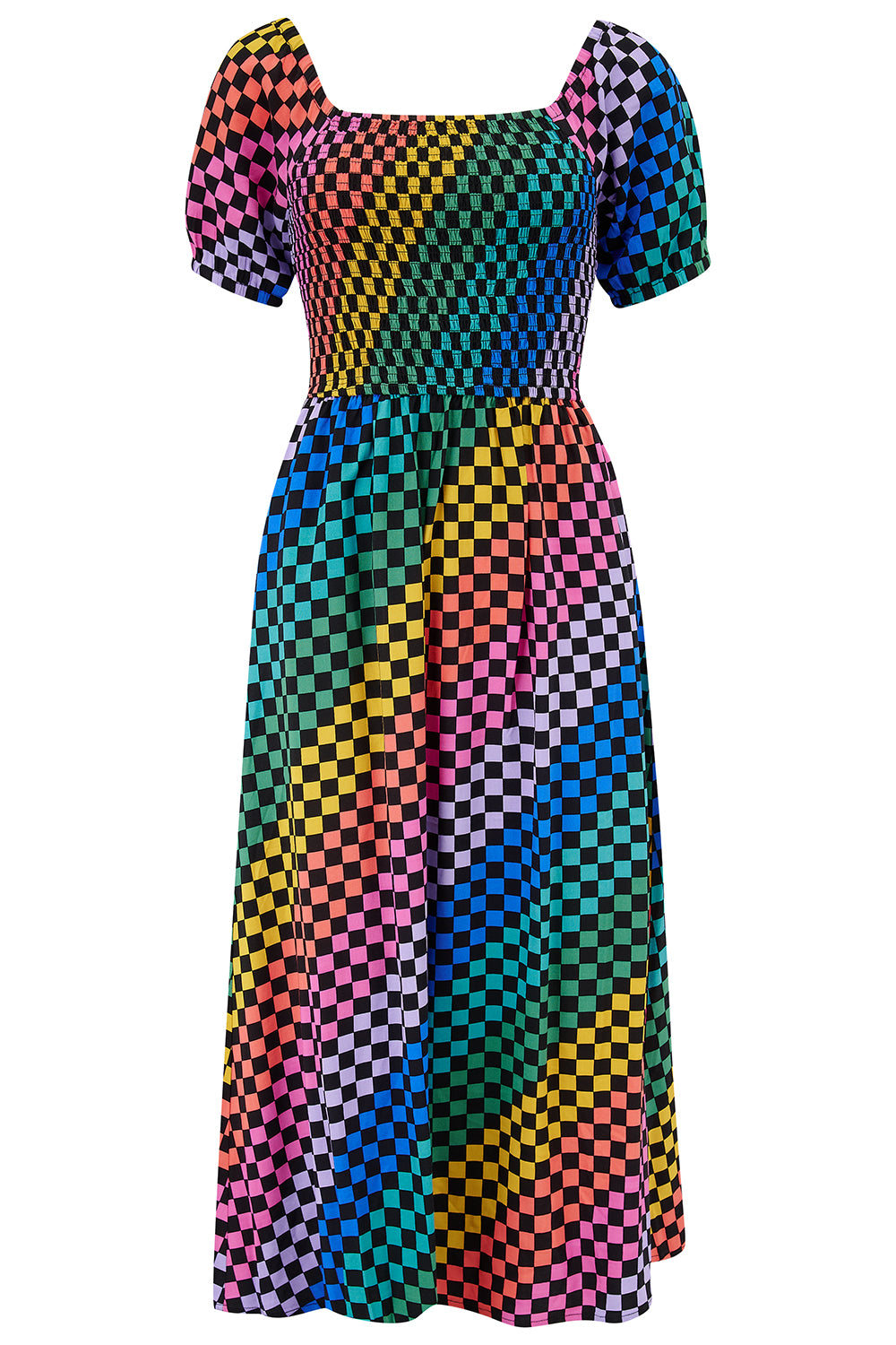 A square neckline, short sleeves, high waist, and full midi skirt with pockets, featuring a black base with a multicolored rainbow checkerboard pattern.
