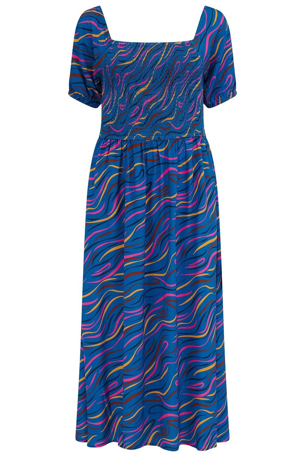 Blue dress with colorful wavy pattern on a white background