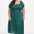 A model wearing a square neckline, short sleeves, and a full midi skirt with a shirred bust, featuring a green base with blue, red, and pink concentric circles pattern.
