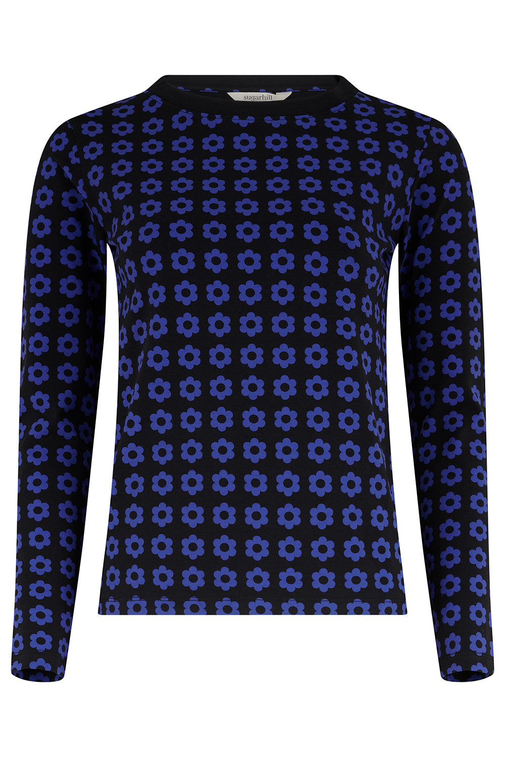 Blue patterned long-sleeve shirt on a white background