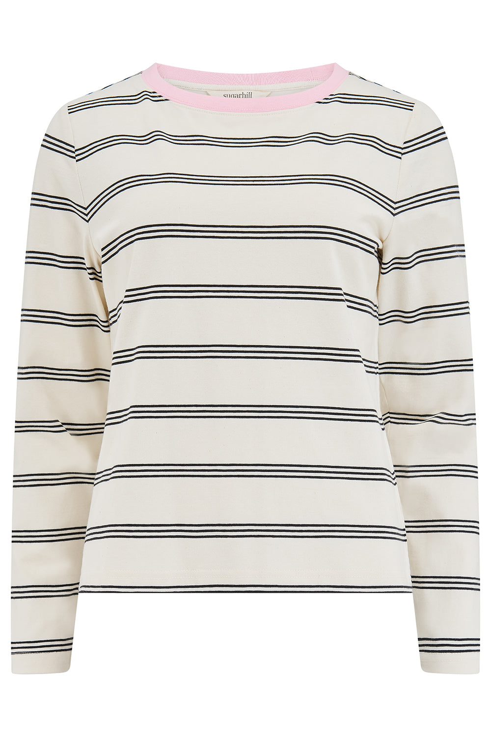 Striped long-sleeve shirt with a pink collar on a white background