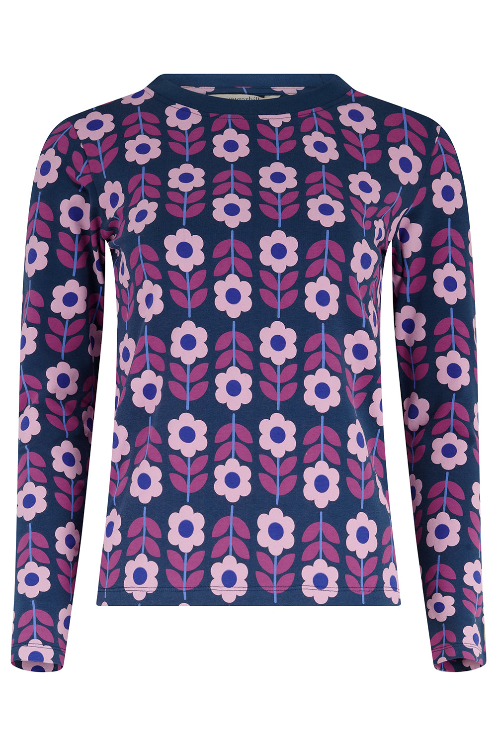 Floral patterned long-sleeve shirt on a white background