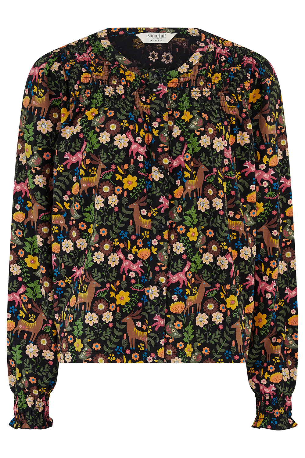 Long-sleeve shirt with a colorful floral and deer pattern on a white background