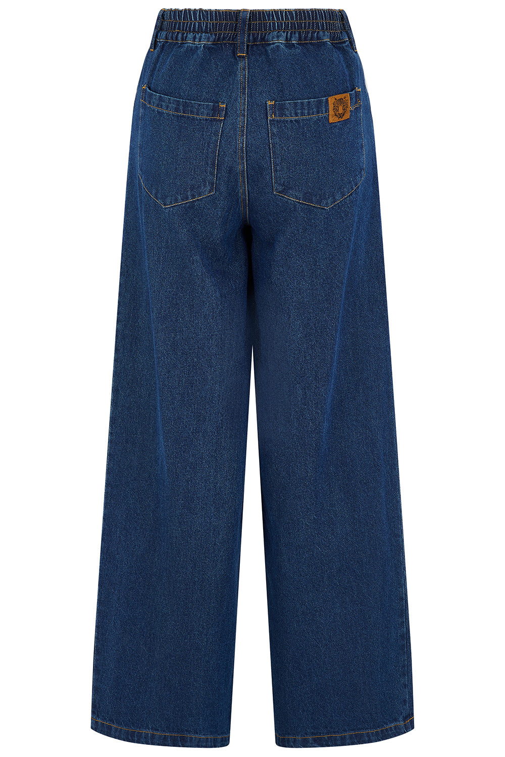 Back view of dark blue wide-leg denim jeans with an elastic waistband, two back pockets, and a small brown brand patch on the right pocket, shown on a plain white background.