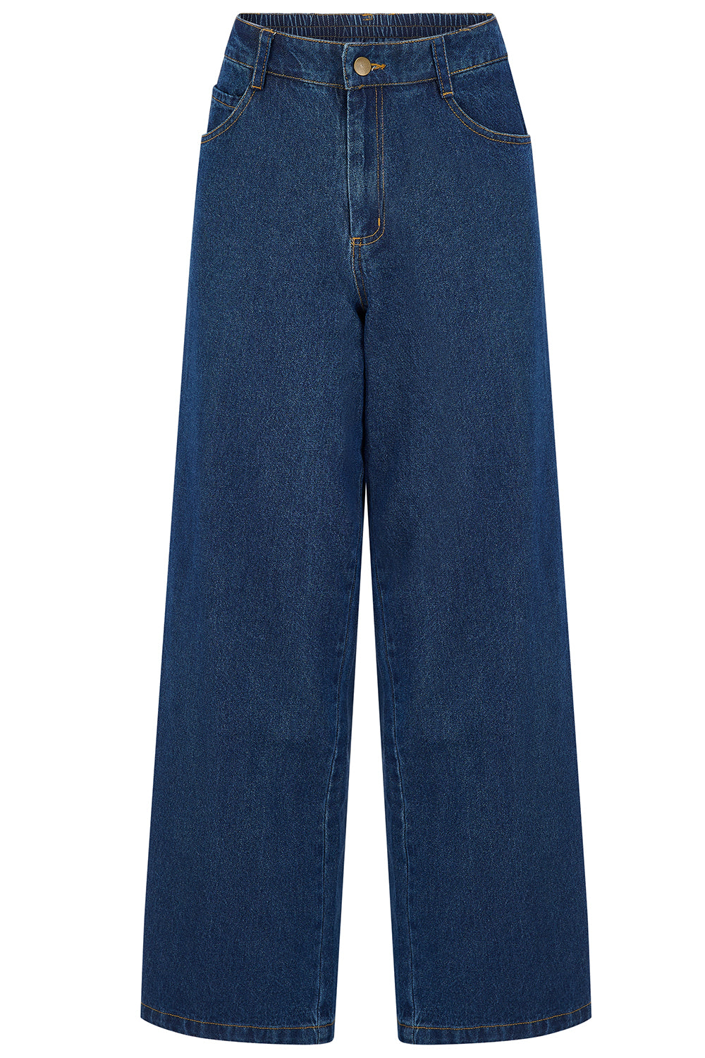 A pair of dark blue wide-leg denim jeans shown flat against a plain white background.