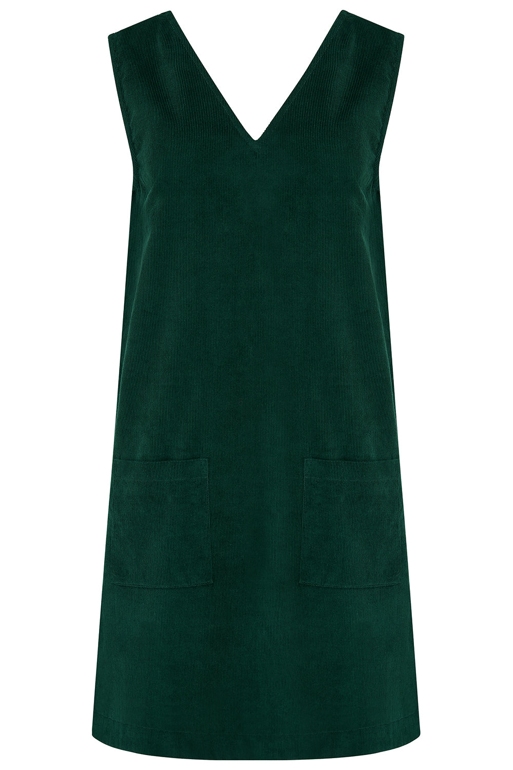 Green dress with a V-neck and pockets on a white background