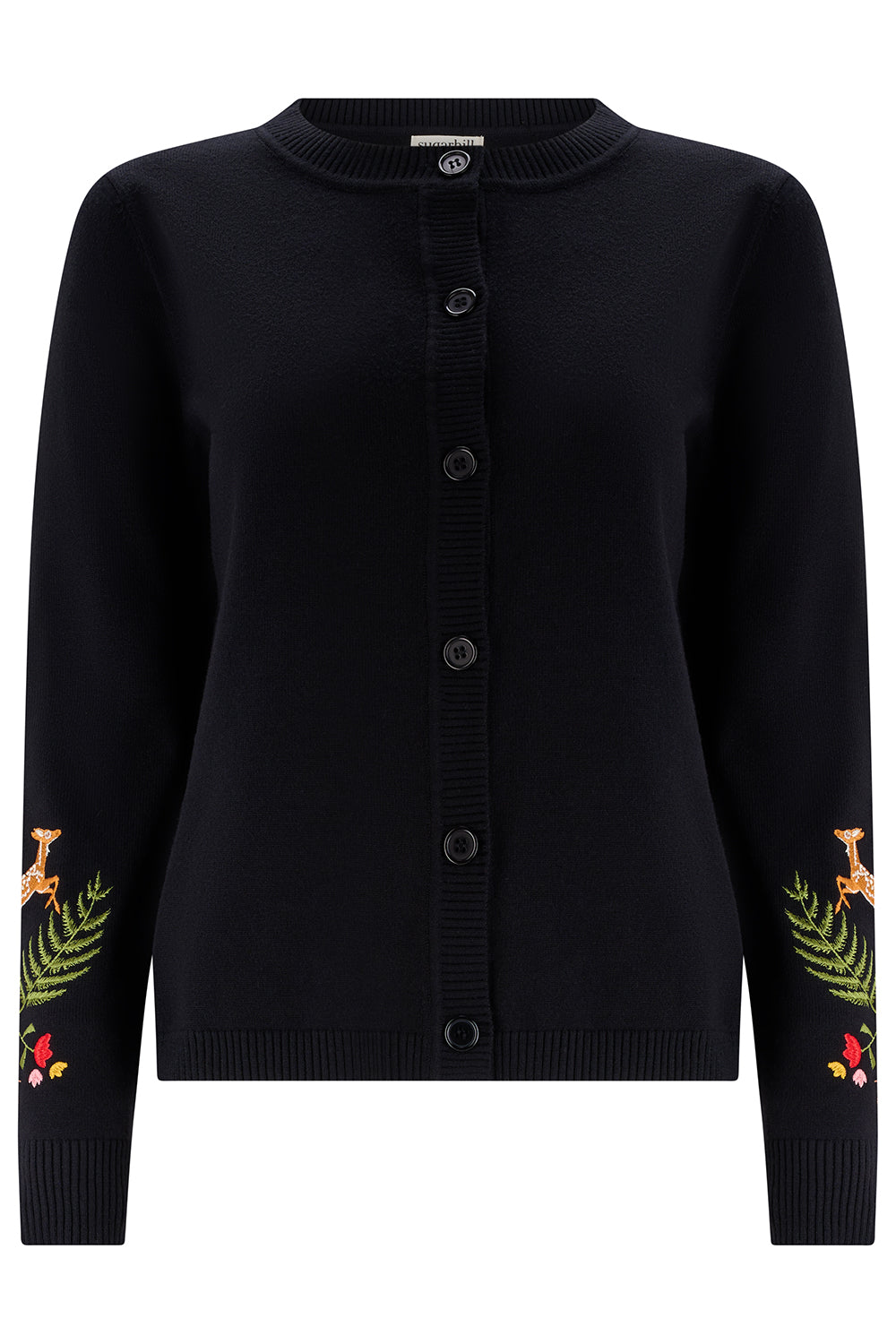 Black cardigan with embroidered sleeves on a white background