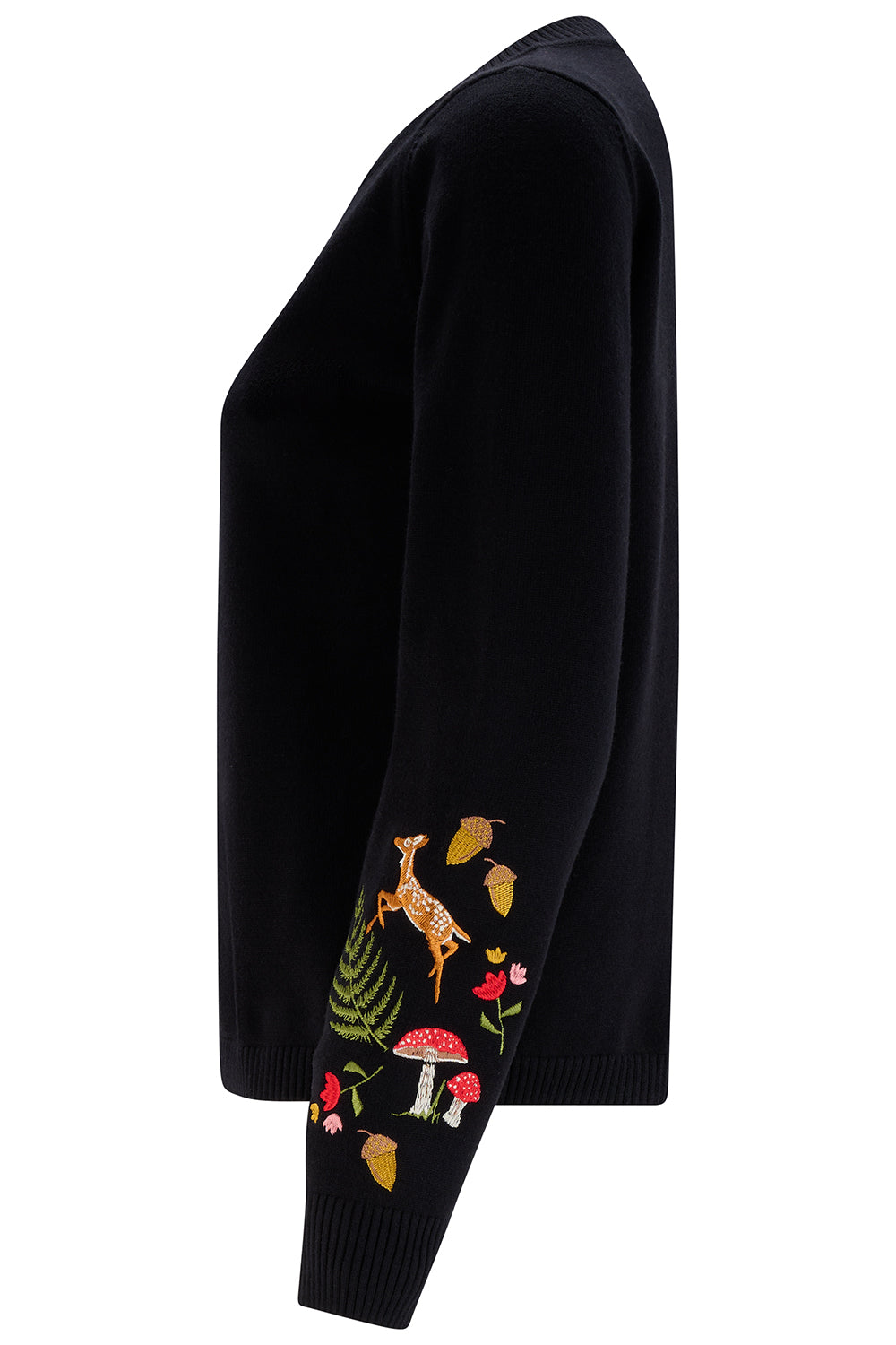 Black sweater with embroidered design on sleeve against a white background