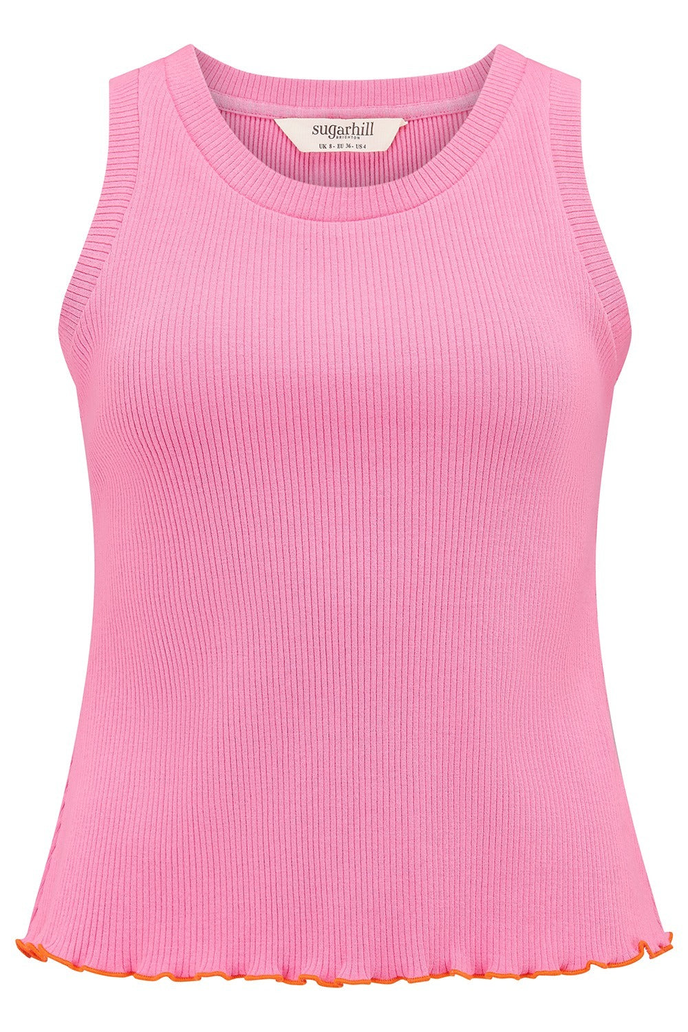 Pink ribbed tank top with orange trim on a white background