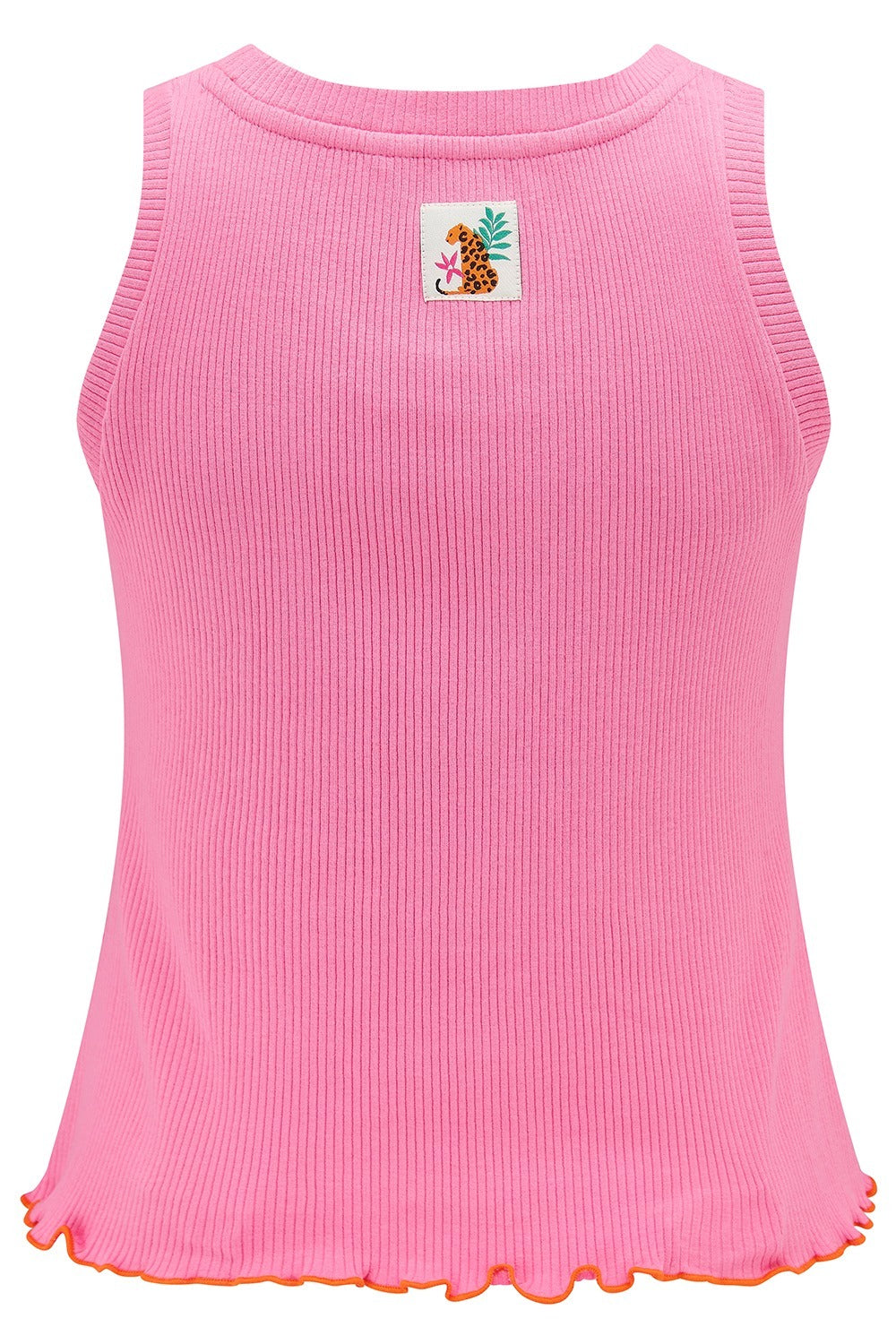 Pink ribbed tank top with a small logo on a white background