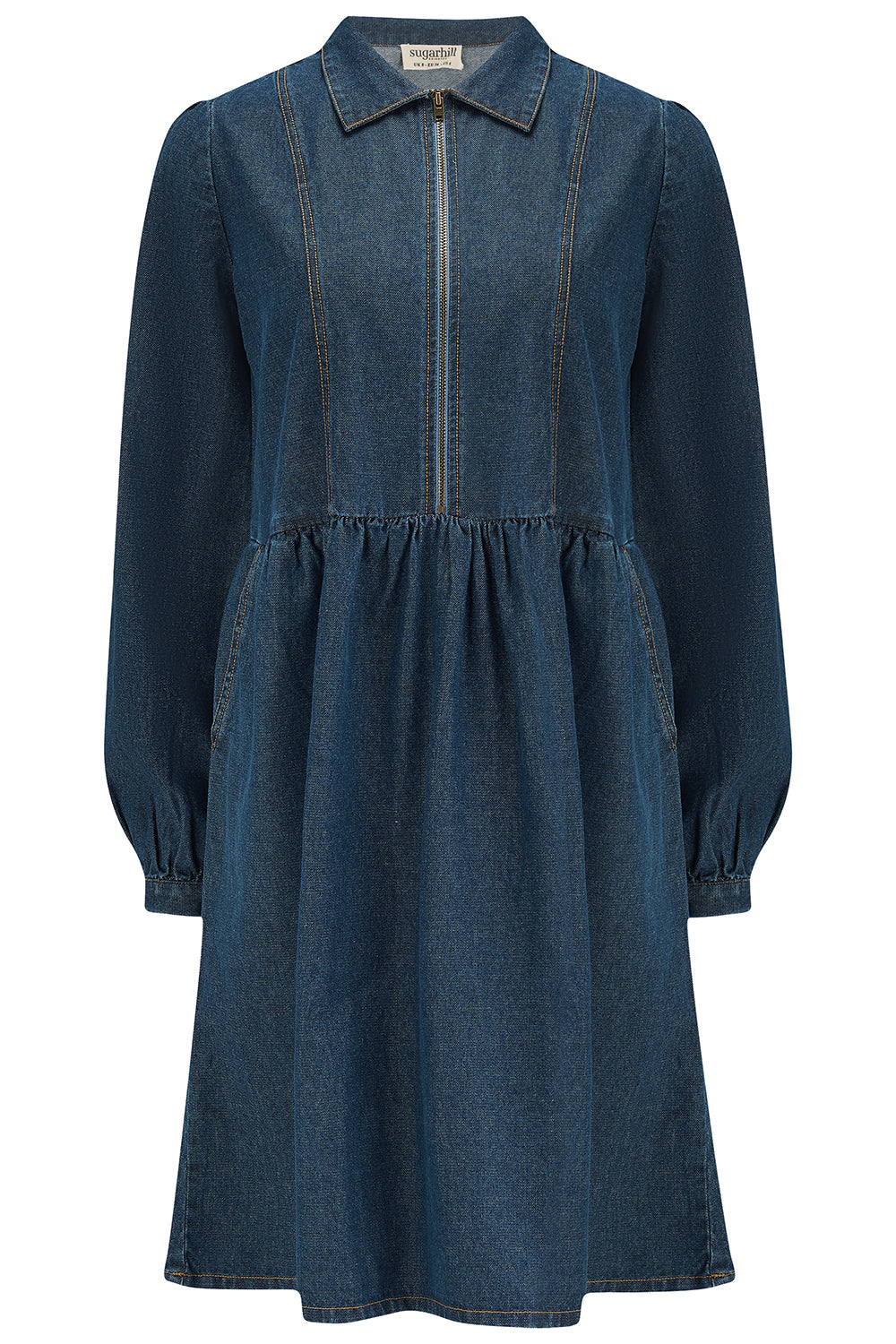 A short blue denim smock dress with a classic shirt collar and long cuffed sleeves.