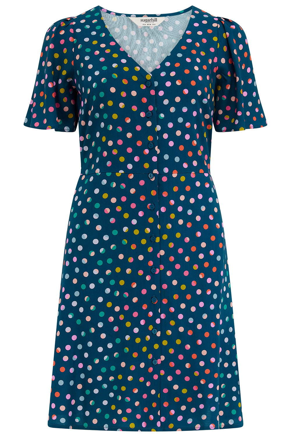 Navy dress with multicolored polka dot pattern on a white background