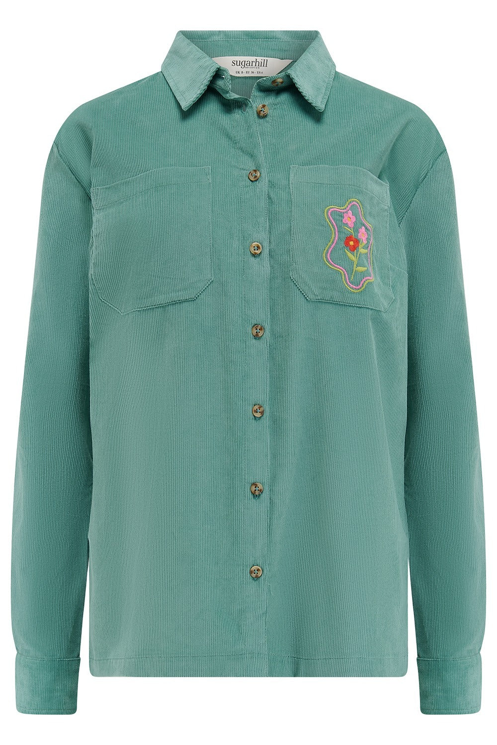 Teal shirt with floral embroidery on a white background