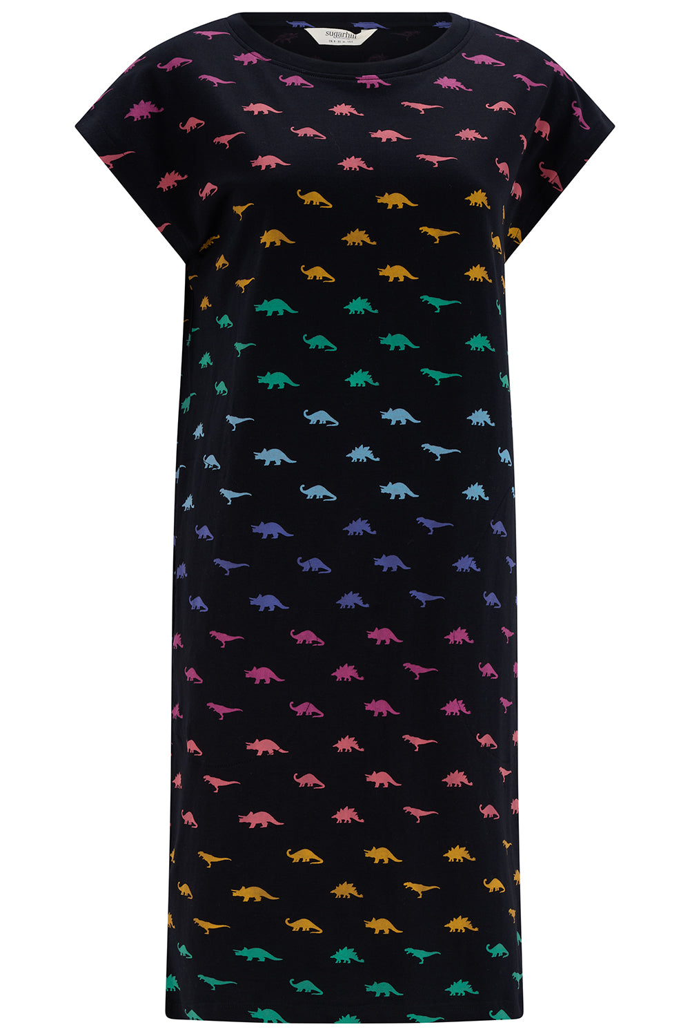 Black dress with colorful dinosaur pattern on a white background